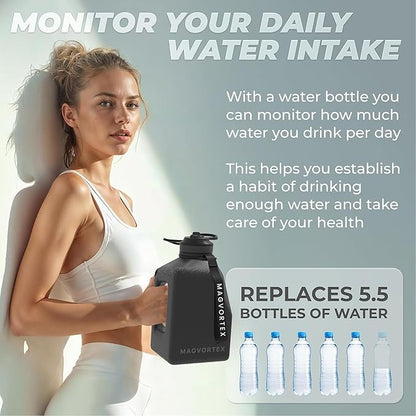 91oz Gym Daily Water Bottle Black – Large BPA-Free PETG Jug with Magnetic Plate Phone Mount, Leakproof Flip-Top Lid, Wide Mouth for Ice, Straw, Carry Strap, Stable Base, Time Marker