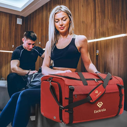 Eackrola Extra Large Sports Gym Bag, Travel Duffel bag with Wet Pocket & Shoes Compartment for men women, 85L, Lightweight （Red）