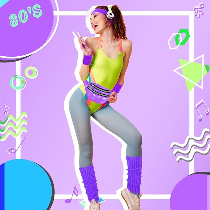 80s Neon Workout Costume Accessories Set 10 PCS Leg Warmers for Women 80s Headband Wristband Fanny Pack for Yoga Running