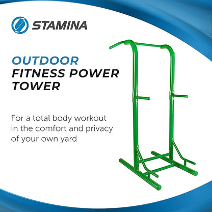 Stamina Pull Up Bar Tower & Dip Station, Free Standing Outdoor Home Gym Equipment, Green - Adjustable and Portable Workout Stand for Calisthenics Body Weight Training