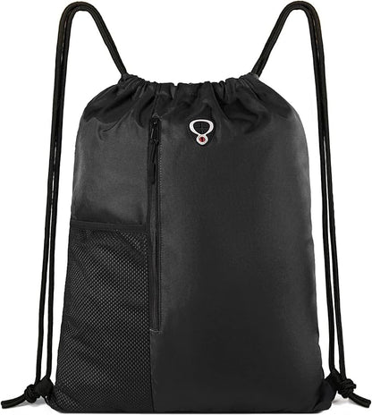 BeeGreen Black Drawstring Backpack Gym Bag For Men Women String Sports Backpack With Water Bottle Mesh Pockets And 2 Zippered Pocket Large Cinch Sackpack Workout Bag 16" x 20"