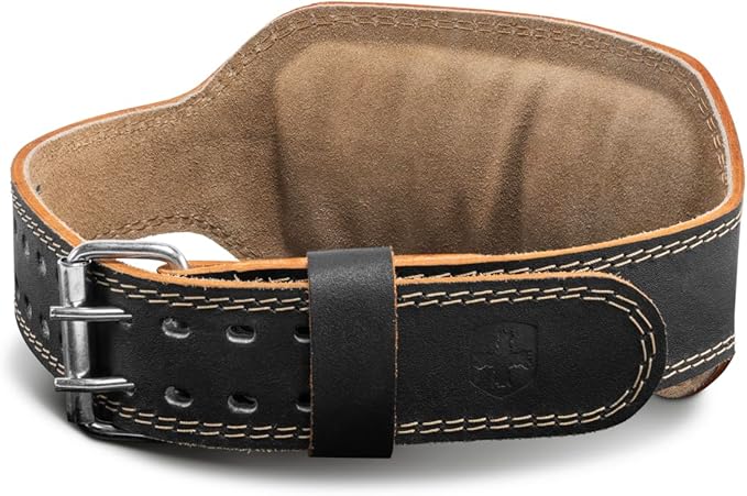 Harbinger Padded Leather Contoured Weightlifting Belt - 4" or 6” Width - Interior Suede Lining & Foam Cushioning - Heavy-Duty Dual Prong Steel Roller Buckle - for Lifting Support