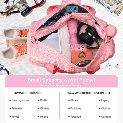 Gym Travel Duffle Bag for Girls - Gymnastics Sports Dance Bag with Shoe Compartment & Wet Pocket Kids Travel Bag Teens Weekender Sleepover Carry On Bag