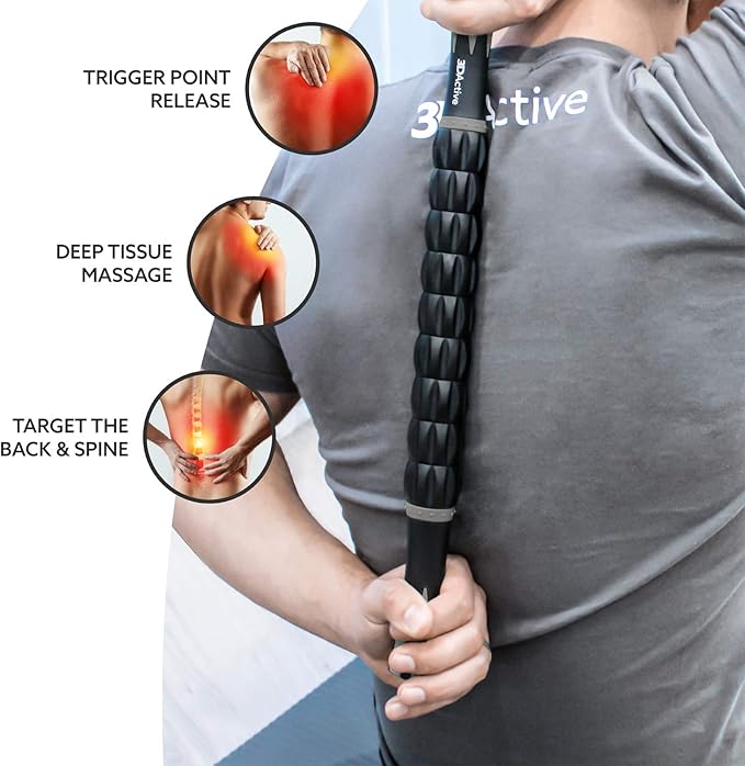 3DActive Massage Roller Stick for Muscle Recovery, Deep Tissue & Trigger Point Massage Muscleroller for Athletes for Post-Workout Recovery, Relieve Cramps & Release Muscle Tension - Gray