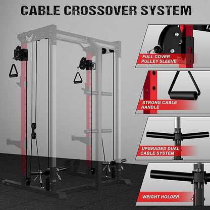 C21 Power Cage, 2000LBS Multi-Function Power Rack with Independent Dual Pulley System, All-in-One Squat Rack for Cable Crossover, Home Gym Workout Machine with More Training Attachments