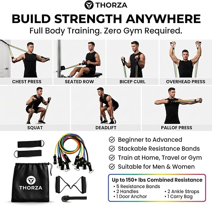 THORZA 11-Piece Full Body Strength Training with Resistance Bands Set - 5 Levels Tube Exercise Bands, Without Latex TPE Resistance Band - Door Anchor, Handles, Ankle Straps & 1 Bag