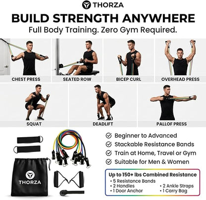 THORZA 11-Piece Full Body Strength Training with Resistance Bands Set - 5 Levels Tube Exercise Bands, Without Latex TPE Resistance Band - Door Anchor, Handles, Ankle Straps & 1 Bag