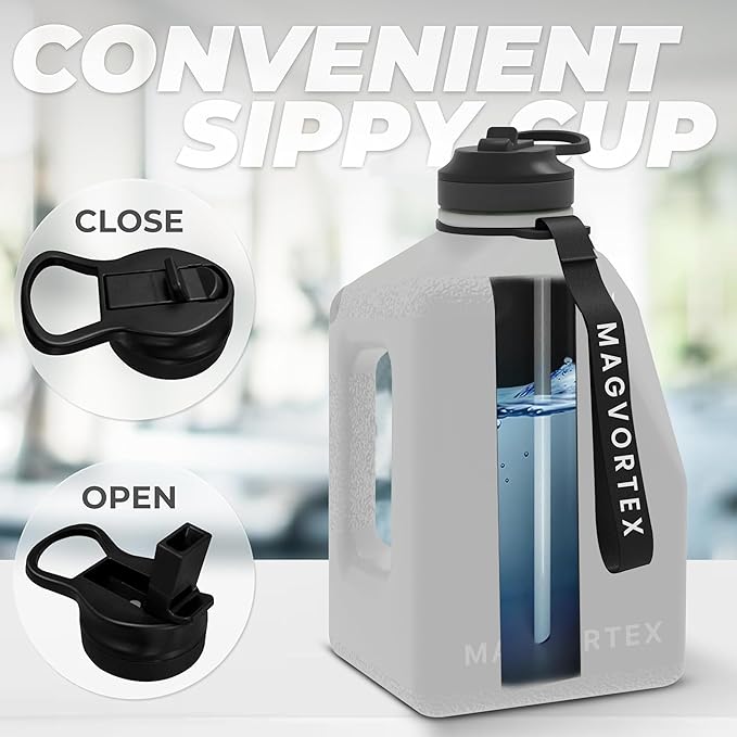 91oz Gym Daily Water Bottle Grey – Large BPA-Free PETG Jug with Magnetic Plate Phone Mount, Leakproof Flip-Top Lid, Wide Mouth for Ice, Straw, Carry Strap, Stable Base, Time Marker