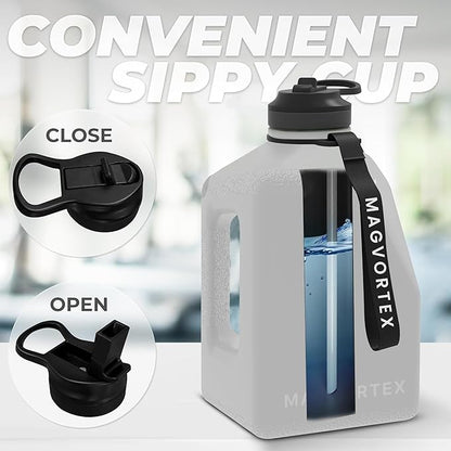 91oz Gym Daily Water Bottle Grey – Large BPA-Free PETG Jug with Magnetic Plate Phone Mount, Leakproof Flip-Top Lid, Wide Mouth for Ice, Straw, Carry Strap, Stable Base, Time Marker