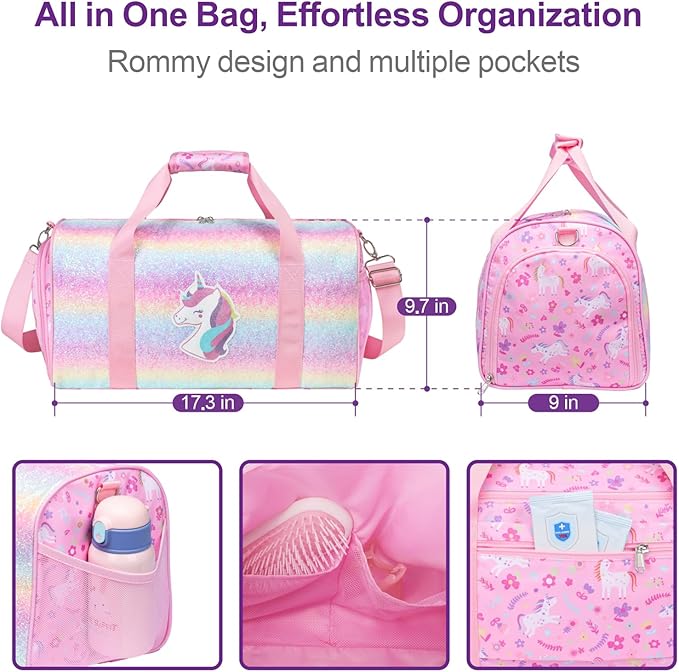 Bagseri Dance Bag for Girls - Kids Duffle with Shoe Compartment, Gymnastics Tote for Sleepover Travel with Water Resistant Wet Pocket（Glitter Unicorn, Pink）