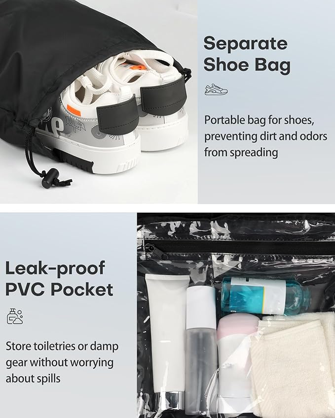 HOTOR Gym Bag for Women - Lightweight Travel Duffle Bags with Wet Pocket & Separate Shoe Bag, Multi-Pocket Carry on Weekender Duffel for Sports, Fitness, Overnight Trip, Black, 16.5" x 7.5" x 11.9"