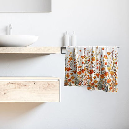 Watercolor Orange Daisy Hand Towels Fall Yellow Wildflowers Leaves Plant Bathroom Towel Autumn Floral Botanical Decorative Fingertip Season Thanksgiving Soft Absorbent Kitchen Hotel Spa Gym Towel