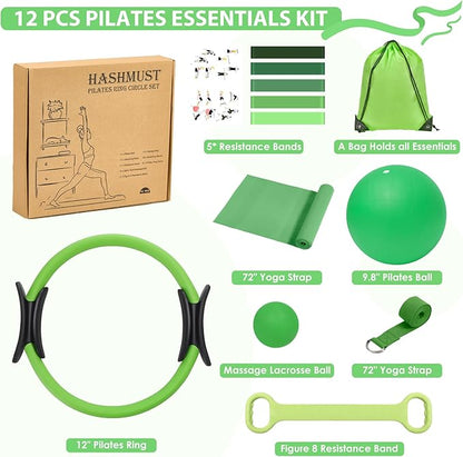 HASHMUST Pilates Ring Kit 12 PCS for Women, Home Workout Equipment with Magic Circle, Mini Exercise Ball, Resistance Bands, Massage Lacrosse, Yoga Strap, Full-Body Fitness Set for Toning & Gift