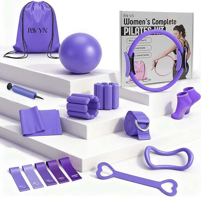 Pilates Kit 16- Pieces with Adjustable Resistance – Fitness Ring, Exercise Ball, Bands, Wrist Weights & Essential Pilates Equipment for Home Workouts - Versatile Fitness Accessories