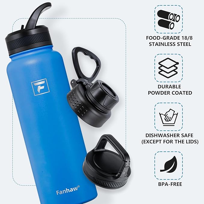 Fanhaw 40 oz Insulated Water Bottle – Stainless Steel Flask with 3 Lids (Straw, Spout, Carabiner) | Durable, Leakproof, for Hiking, Camping, Outdoor Adventures & Travel (Sky Blue)