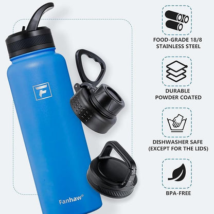 Fanhaw 40 oz Insulated Water Bottle – Stainless Steel Flask with 3 Lids (Straw, Spout, Carabiner) | Durable, Leakproof, for Hiking, Camping, Outdoor Adventures & Travel (Sky Blue)