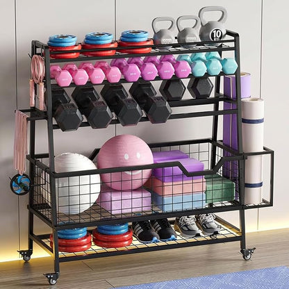 Dual-Sided Dumbbell Rack with Hooks & Wheels, Adjustable Home Gym Storage Rack for Dumbbells, Kettlebells, Balls, Yoga Mats, Ab Roller, Weight Rack Organizer for Workout Equipment