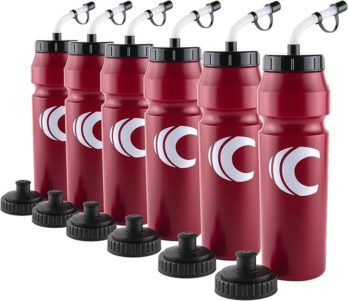 Cannon Sports 1 Liter Sports Water Bottle, BPA-Free, 34 Oz Capacity, Large Mouth, 2 lids (Straw and Squeeze), Great For Helmet Sports Such As Hockey, Lacrosse, Football, Boxing (6 Pack) (Burgundy)