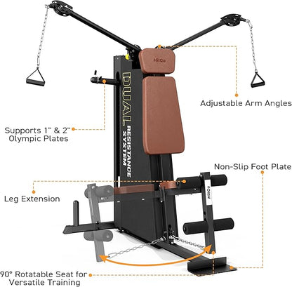 Multi Functional Home Gym Machine, All in One Compact Fitness Station with Pulley System for Shoulder, Leg, LAT Pulldown and Rowing, Space Saving Plate Loaded Strength Training Equipment