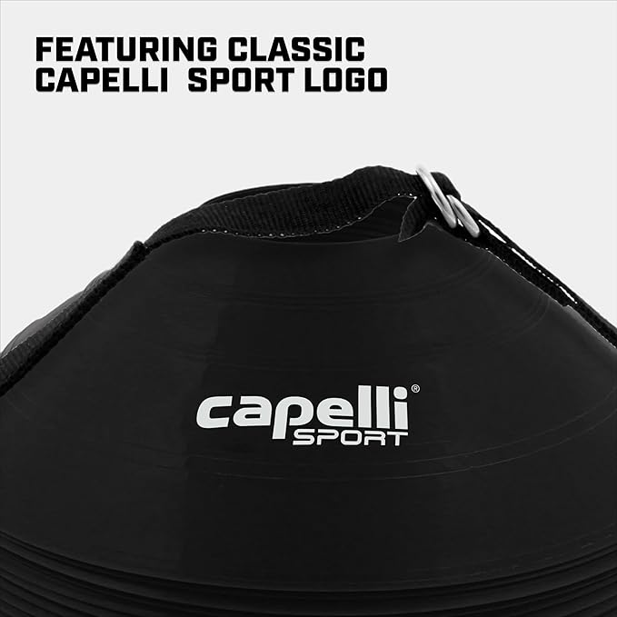Capelli Sport Training Cones, Set of 10 Agility and Practice Drills Equipment with Carry Strap for Soccer, Football, Baseball, and Basketball, Black