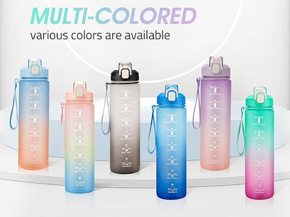 Motivational Water Bottle with Time Marker- 32oz Water Bottles with Times to Drink, Leakproof & BPA Free Sports Water Bottle with Straw & Carry Strap for Fitness, Gym, and Outdoor Sports