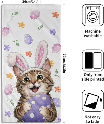 Easter Cat Hand Towels 2 Pack 14"x28" Pink Rabbit Ears Kitchen Towels Cat Bunny Eggs Dish Towels Spring Summer Holiday Finger Towels for Kitchen Bathroom Shower Hotel Gym