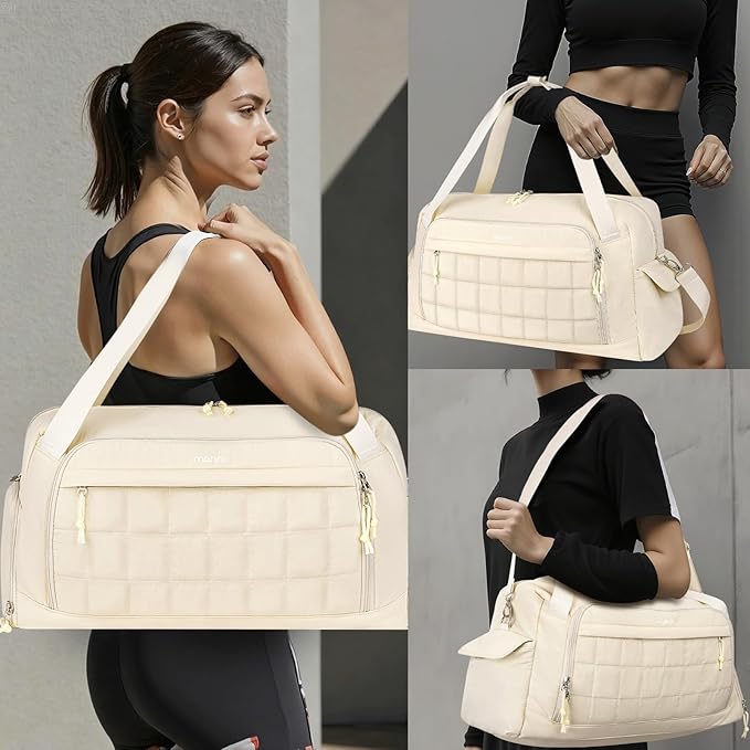 MOSISO Gym Bag for Women, Travel Duffle Weekender Overnight Workout Carry on Gym Duffle Bag with Shoe Compartment&Wet Pocket&Front Quilted Grid Pocket for Fitness, Yoga, Weekend, Beige