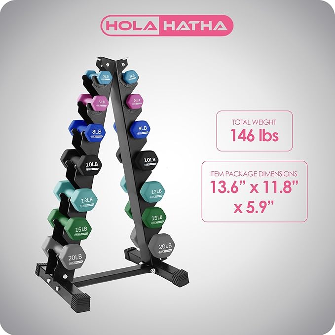 HolaHatha 2, 3, 5, 8, and 10 Pound Neoprene Dumbbell Free Hand Weight Set with Rack, Ideal for Home Exercises to Gain Tone and Definition, Pastel