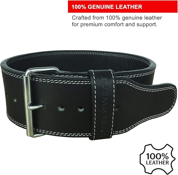 Steel Sweat Powerlifting Belt for Weight Lifting - 4" Wide by 10mm Thick - Single Prong Heavy Duty Adjustable Weightlifting Belt, High Grade Leather - BOLT Black Large