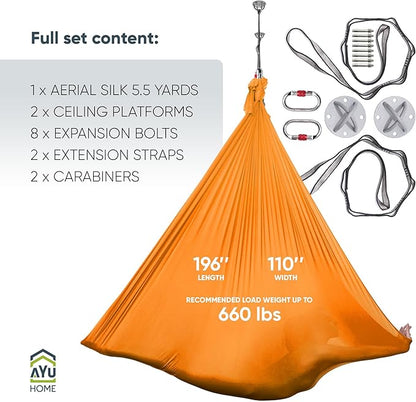 AyuHome Aerial Silks Kit for Home - Premium Yoga Swing for Kids and Adults with 660 lbs Capacity - Versatile Aerial Yoga Hammock for Gymnastics Training