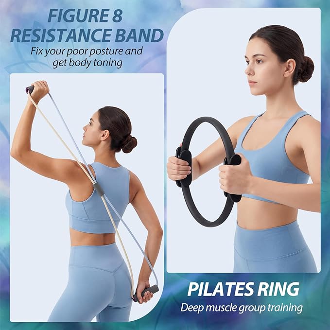 Soulchen 13 Pcs Pilates Equipment Kit for Home Workout Pilates Ring and Ball Set for Women 1.1lb *2 Ergonomic Bone Shaped Dumbbells with Resistance Bands, Yoga Strap, Bag