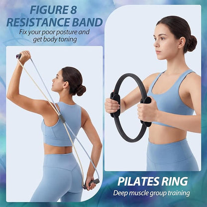 Soulchen 13 Pcs Pilates Equipment Kit for Home Workout Pilates Ring and Ball Set for Women 1.1lb *2 Ergonomic Bone Shaped Dumbbells with Resistance Bands, Yoga Strap, Bag