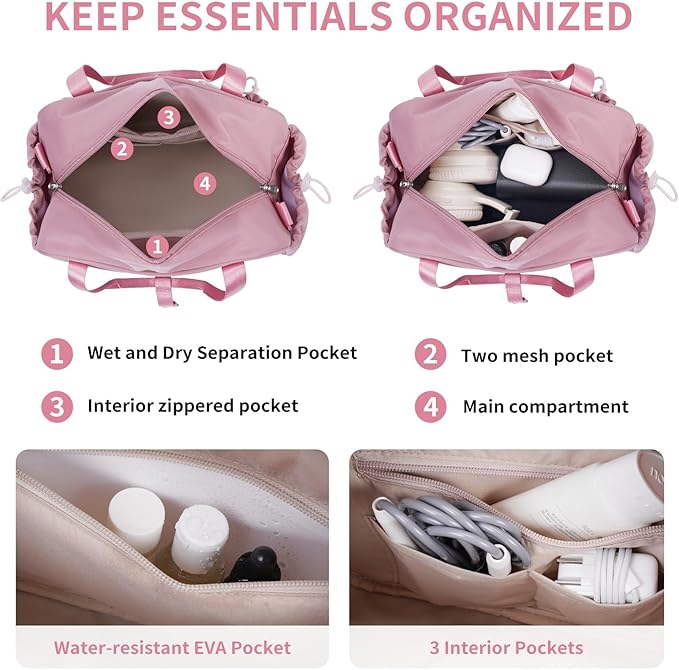 ECOHUB Small Gym Bag for Women, Mini Gym Duffle Bag with Wet Compartment, Bowknot Sports Bag, Cute Gym Tote Bag Dance Yoga Workout Travel Bags Pink