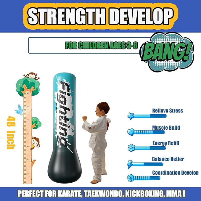 QISHENG- Inflatable Boxing Sandbag, 48" Freestanding Punching Bag for Teens & Adults, Equipment for Taekwondo, Karate & Kickboxing Training.