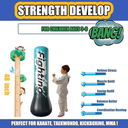 QISHENG- Inflatable Boxing Sandbag, 48" Freestanding Punching Bag for Teens & Adults, Equipment for Taekwondo, Karate & Kickboxing Training.