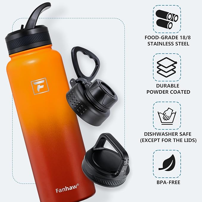 Fanhaw 40 oz Insulated Water Bottle – Stainless Steel Flask with 3 Lids (Straw, Spout, Carabiner) | Durable, Leakproof, for Hiking, Camping, Outdoor Adventures & Travel (Yellow Orange)