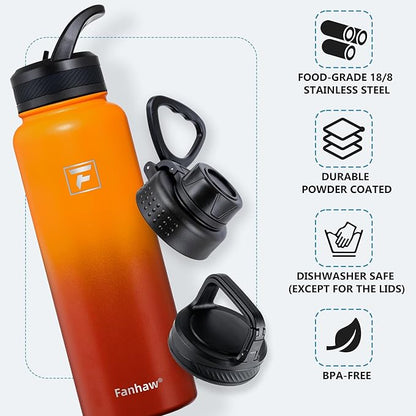 Fanhaw 40 oz Insulated Water Bottle – Stainless Steel Flask with 3 Lids (Straw, Spout, Carabiner) | Durable, Leakproof, for Hiking, Camping, Outdoor Adventures & Travel (Yellow Orange)