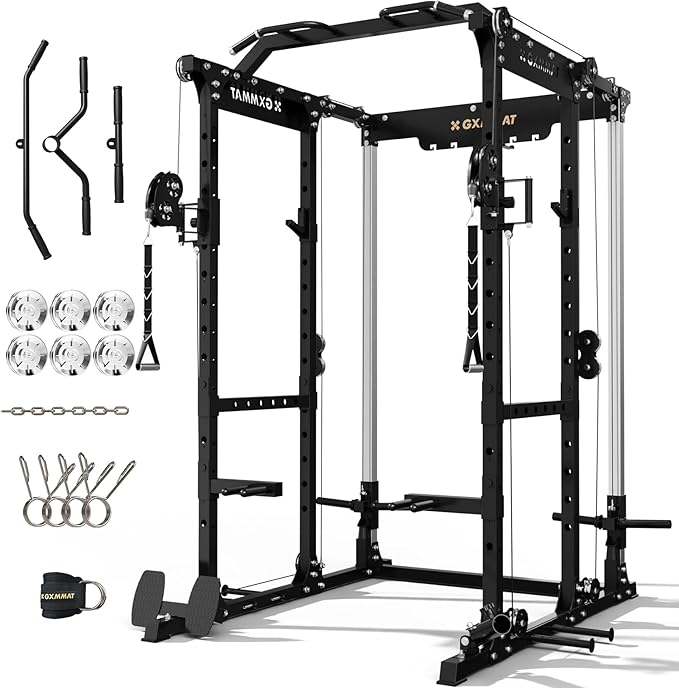 Gxmmat X6 Power Cage, 2200LB Multi-Function Power Rack with Independent Dual Aluminum Pulley System, Squat Rack for Home Gym Strength Training Equipment, Heavy-Duty Steel Construction