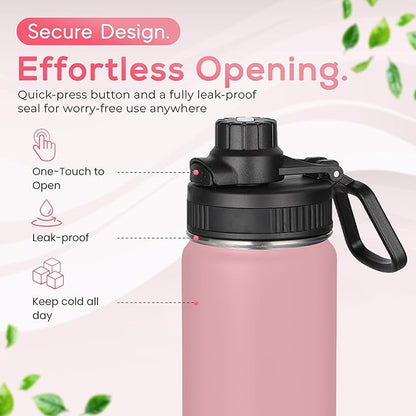 Y TOP 24oz Insulated Water Bottle Leak Proof Spout Lid Fits in Car Cup Holder – Double Wall Dishwasher Safe Easy Clean stainless steel drinking water bottle for Gym Kids Sports Travel Hiking School