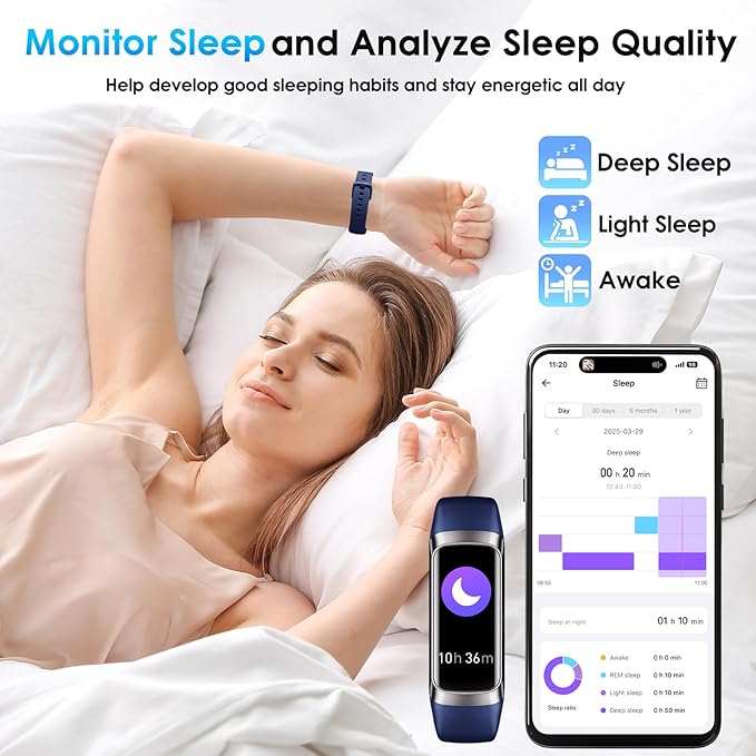 Fitness Tracker, 24/7 Heart Rate Blood Oxygen Blood Pressure Body Temp Monitor Sleep Calorie Tracker with 1.1" AMOLED Touch Color Screen Pedometer Smart Watch Waterproof for Women Men (Blue)