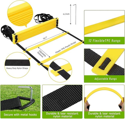 Agility Training Set for Soccer & Football - 20FT Speed Ladder, 12 Cones, and Training Aids for Kids Youth Sports Practice, Footwork Drill Kit