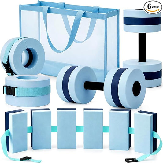 6 Pcs Aquatic Exercise Set Water Aerobics Set Large Mesh Beach Bag Pool Fitness Equipment Foam Water Dumbbell Ankle Swimming Weight Aquatic Swim Belt for Exercise Weight Loss