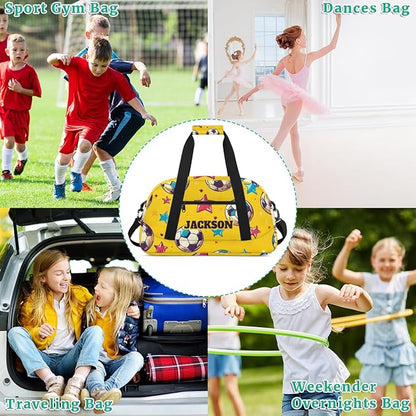 Personalized Soccer Yellow Gym Duffel Bags for Kids Boys with Custom Name Sport Training Travel Bags for Overnight Weekender