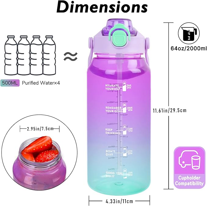 64oz Sports Water Bottle with Fruit Infuser, 2 in 1 Straw and Chug Motivational Water Bottle with Time Marker, Half Gallon Large Water Jug with Handle for Travel Fitness Gym Outdoor (Purple)