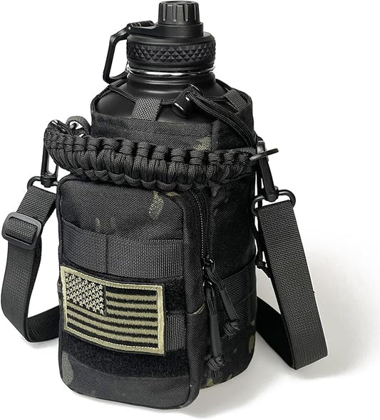 Half Gallon Water Bottle with Sleeve - 64 Oz Insulated Water Jug with Strap Stainless Steel Big Gym Water Bottles for Men Sports Workout Hiking Camo Black