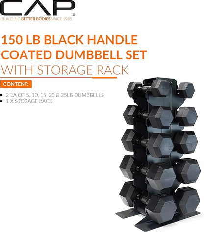 CAP Barbell Rubber Coated Hex Dumbbell Set with Vertical Rack | 100-300 lbs Free Weights Dumbbells Set for Home Gym | Multiple Options