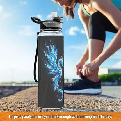 ALAZA Dragon Phoenix on Black Sports Water Bottle with Straw Tritan Drink Bottle 32 oz BPA Free Reusable for Travel Outdoor Fitness