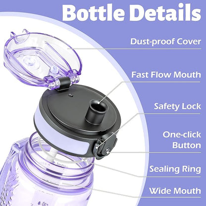 OLDLEY 25 oz Water Bottle, Motivational Water Bottle with Time Marker, Sports Water Bottle With Strap, Leakproof & BPA Free Large Water Bottles for School, Gym, Travel, Outdoor, Transparent Purple