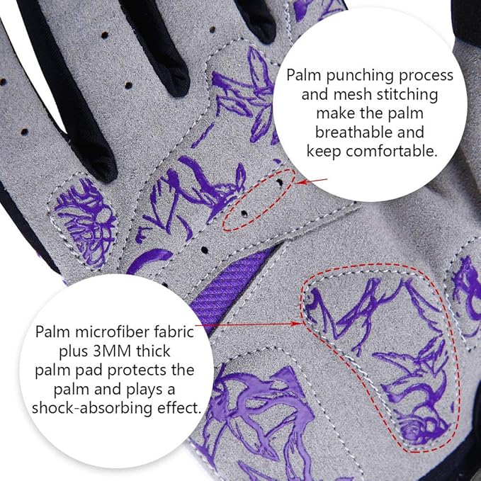 DuShow Bike Gloves for Women Cycling,Pink Floral Workout Gloves Women,Full Finger Biking Driving Riding Gloves for Women,Gel Padded Touch Screen Gym Gloves