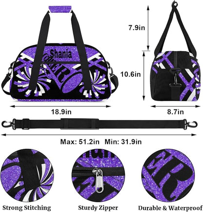 Custom Cheer Dancing Bags for Girls, Personalized Sports Duffle Bag Gym Cheerleading Bag Travel Duffel Perform Training Bag with Name, Purple Black Glitters